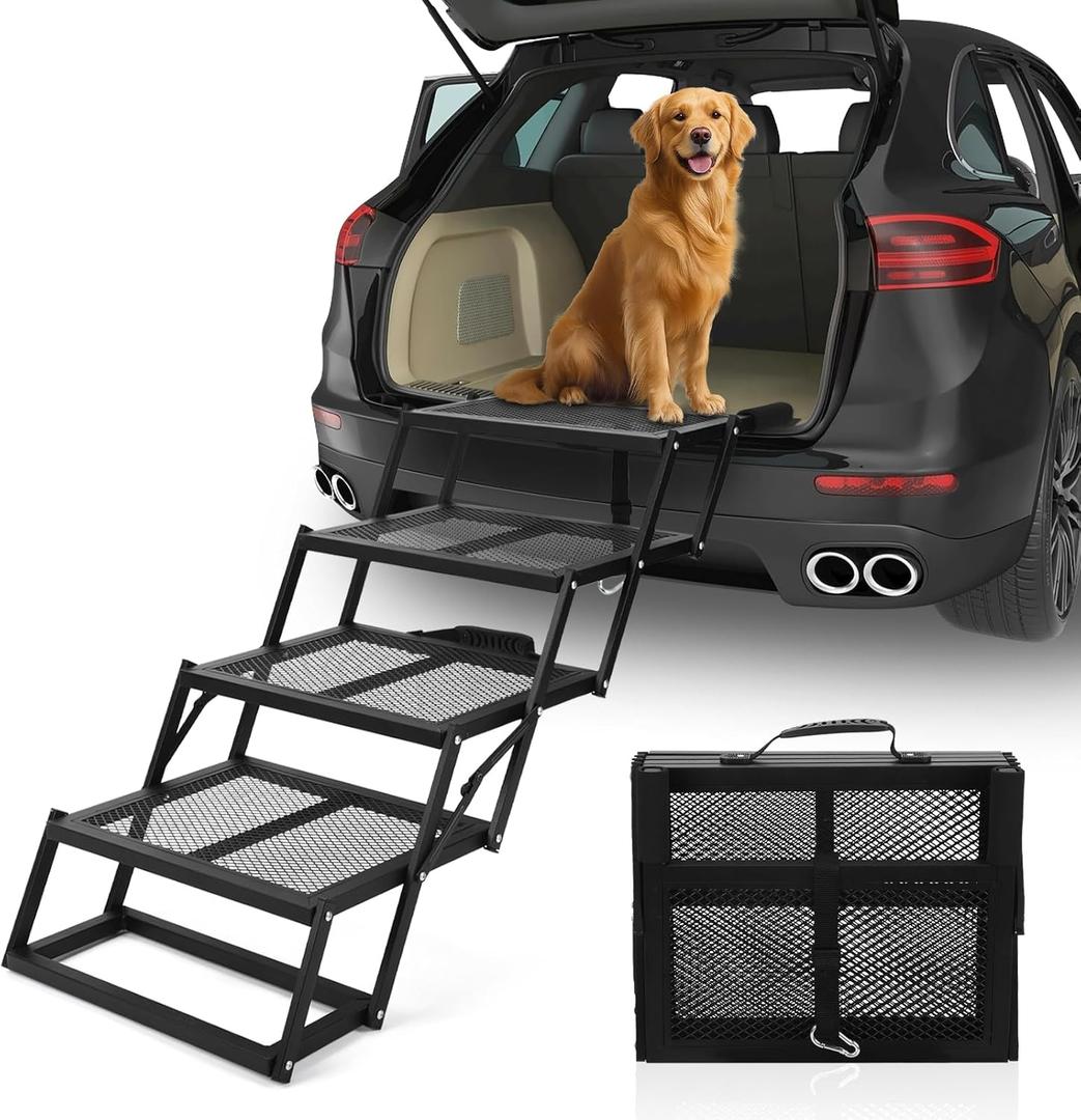 Dog Stairs for Car, Sturdy Metal Foldable Pet Steps Heavy Duty Non-Slip Dog Ramp for SUV High Bed, 300LBS Capacity Adjustable Height