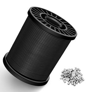 Black Vinyl Coated Wire Rope 1/16", 200FT 304 Stainless Steel Cable with 60PCS Aluminum Crimping Loop Sleeves for String Light Cable, Clotheslines, Trellis and Light Picuture Hanging