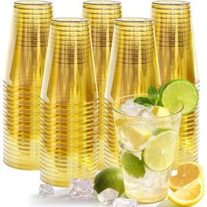 100 Pack Plastic Cups Disposable 12 oz Gold Clear Plastic Cups for Cocktail Party Wine Stemless Drinking Glasses for Birthday Wedding Graduation