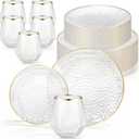 Havawish 72 Pcs Clear Plastic Plates and Diamond Unbreakable Stemless Cups Set Hammered Disposable Dinnerware 48 Pcs 2-Size Plates 24 Diamond Cups with Gold Rim for Christmas Wedding Party Supplies