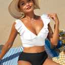 ZAFUL Women High Waisted Bikini Sets Two Piece Tie Back Ruffle Swimsuit Cross Cutout Ruched Bathing Suit 2025 White,L (L)