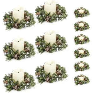 6Pcs Christmas Candle Rings Wreaths, Small Christmas Wreath with Glasses and Plastic Candles with Snowy Pinecone&Red Berry, Mini Candle Holders for Table Centerpiece (6, Silver)
