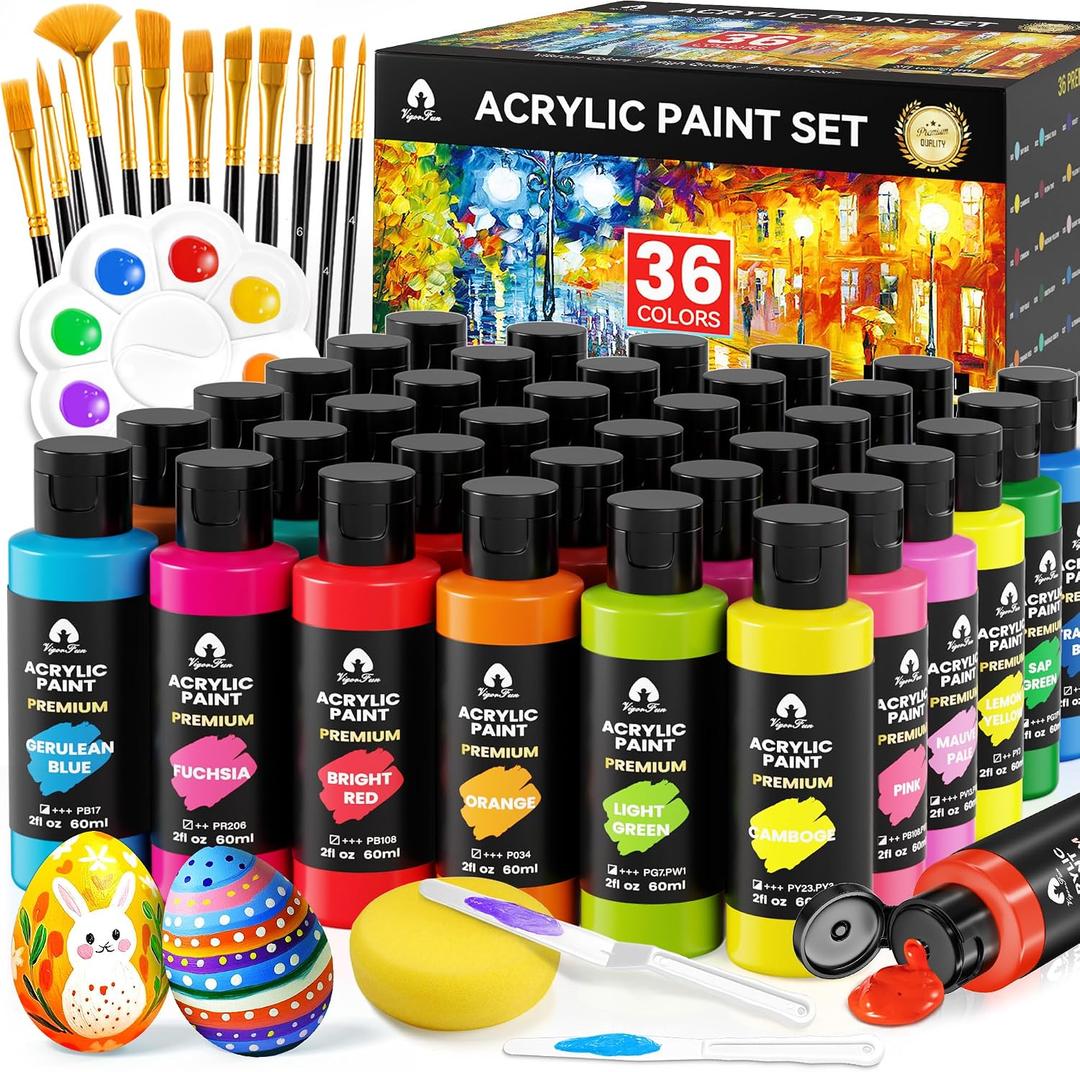 52 Pcs Acrylic Paint Set - 36 Colors (2oz/60ml) with 12 Brushes, 2 Knives & Palette - Rich Pigments for Adults, Artists & Beginners - Painting on Pumpkin Canvas Ceramic Rock Wood