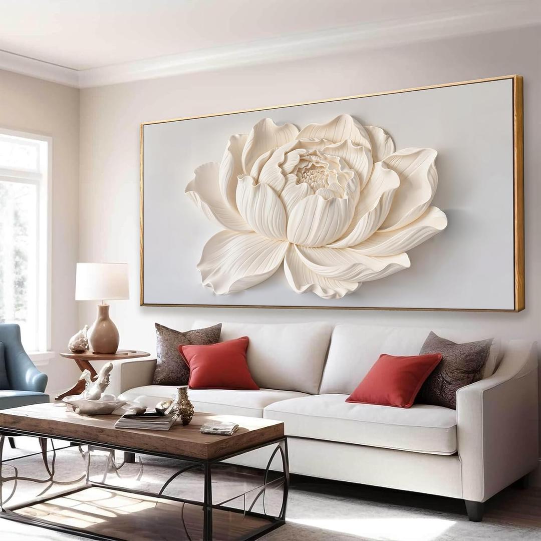 Large Framed Canvas White Flower Wall Art For Living Room 29" X 58"