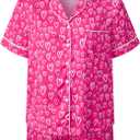 Women 2 Pieces Heart Floral Bow Pajama Sets Button-Down Short Sleeve Shirt Ruffle Short Sleepwear (L)
