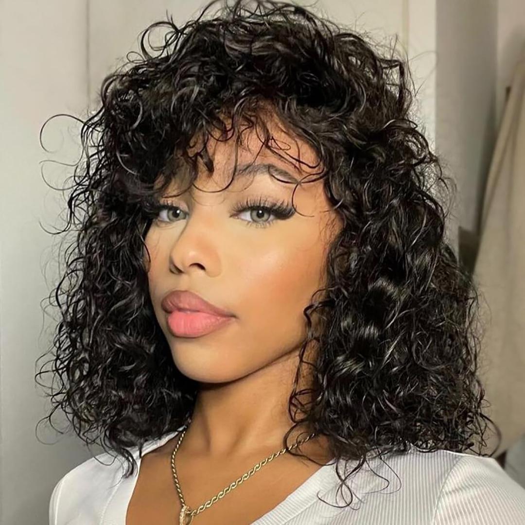 Short Water Wave Human Hair Wig with Bangs 100% Virgin Human Hair Wet and Wavy Human Hair Wig 150% density Bob Curly Wigs Wear and Go Bangs Water Curly Human Hair Wigs for Black Women 12inch