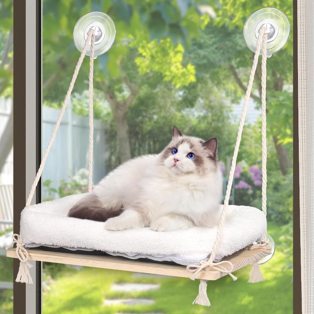MCEAST Cat Window Perch with Cushion Bed Fluffy Blanket 4 Strong Suction Cups Hanging Window Shelf Easy to Install Solid Window Hammock for Small Medium Indoor Cats, Natural Wood Color