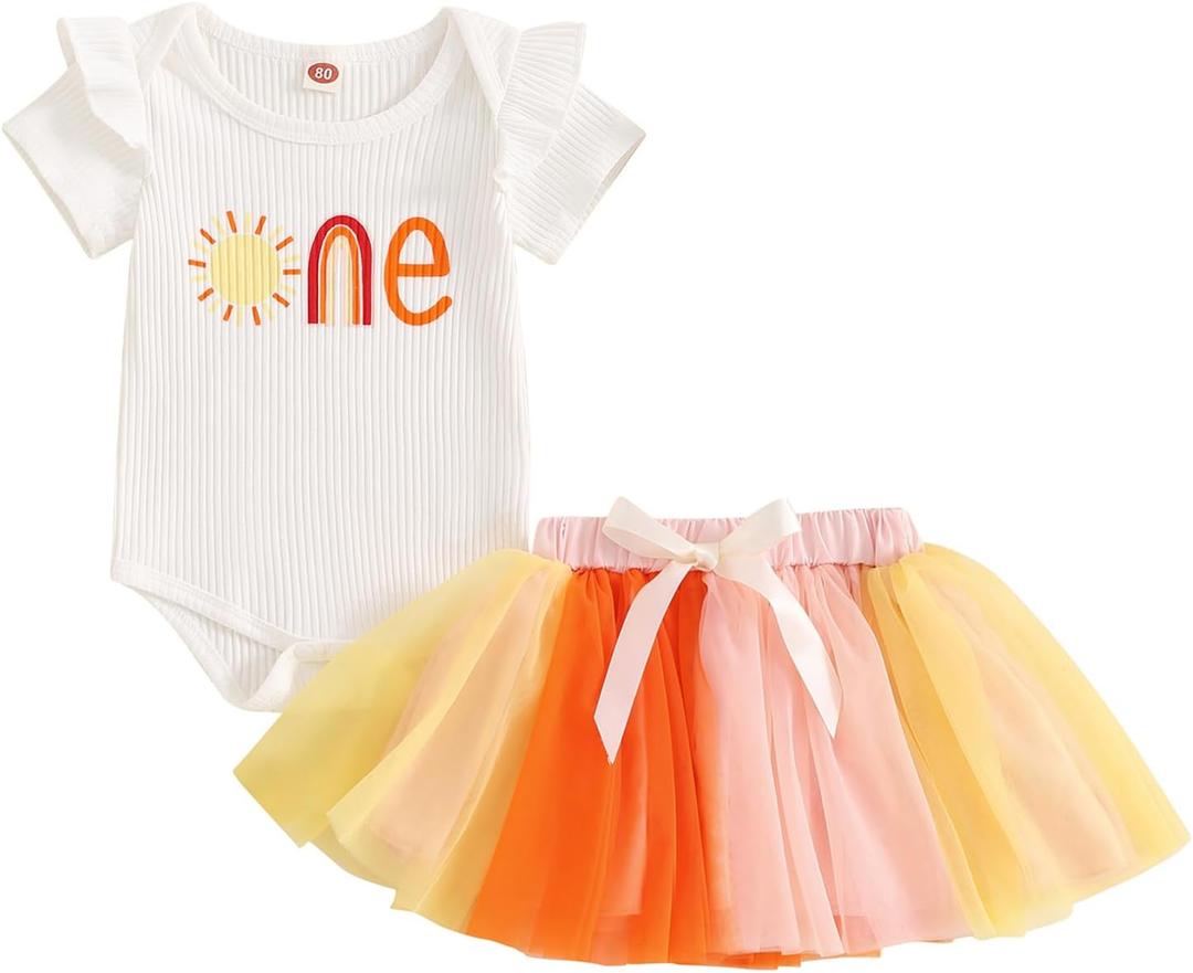 1St Birthday Baby Girl Outfit First Trip Around The Sun Romper Tulle Tutu Skirt Dress One Year Old Birthday Gifts (Sun One Outfit-Yellow, 12-18 Months)