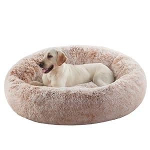 BedStill 45 inches Donut Dog Bed for Extra Large Dogs, Calming Fluffy Round Jumbo Pet Bed with Removable & Washable Cover, Fits up to 120 lbs Pets (Brown, XL)