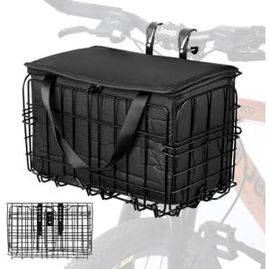 Front Folding Bike Basket with Removable Liner Bag - Quick Release Bicycle Carrier for Small Pets & Picnic Essentials