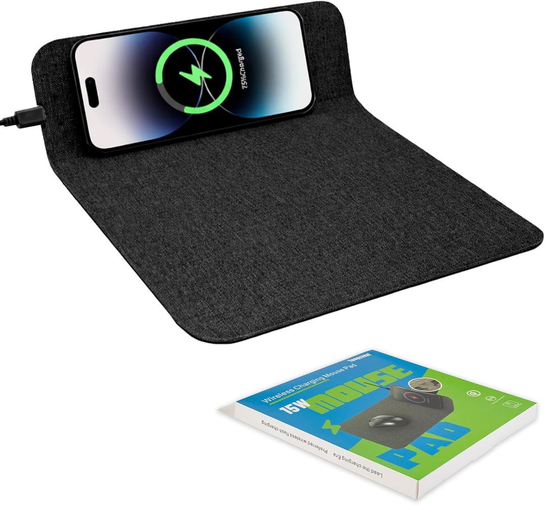 Fast Wireless Charging Mouse Pad 15W, Office Desk Pad with Ultra-Smooth Surface Non-Slip Rubber Base, Waterproof Mousepad for Computers/Office/Work/Home/Pad for iPhone Samsung (Black)
