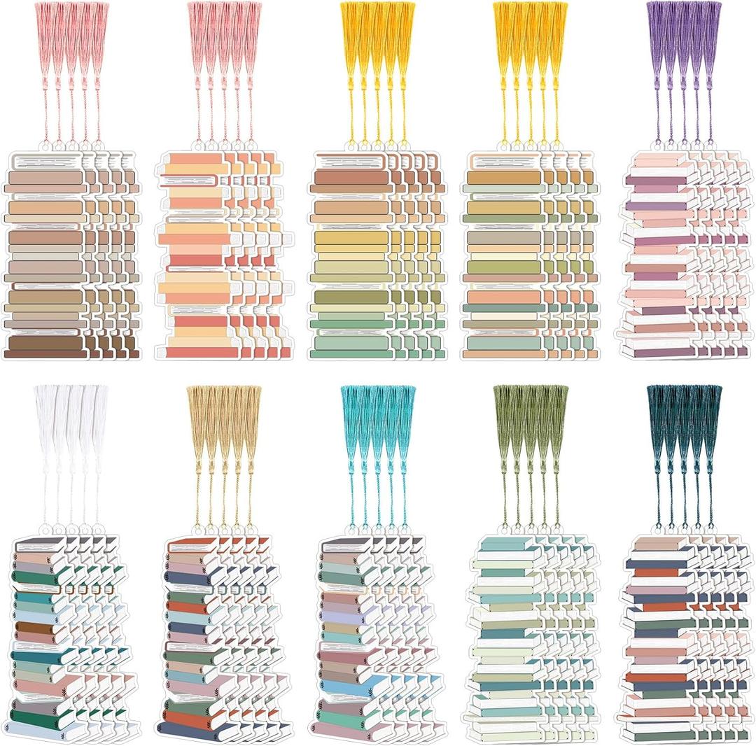 50 Pcs Book Tracker Bookmarks 6. 3 x 2. 2 Inch Bookshelf Design Page Markers Bookmarks with Tassel Book Lovers Gift Double Sided Cute Tracker for Back to School Supplies Gift Reading Salon Favors