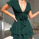PRETTYGARDEN Women Summer Short Dress 2026 Casual V Neck Short Sleeve Tiered Bow Mini Sun Dresses Beach Vacation Sundress (Green, M)