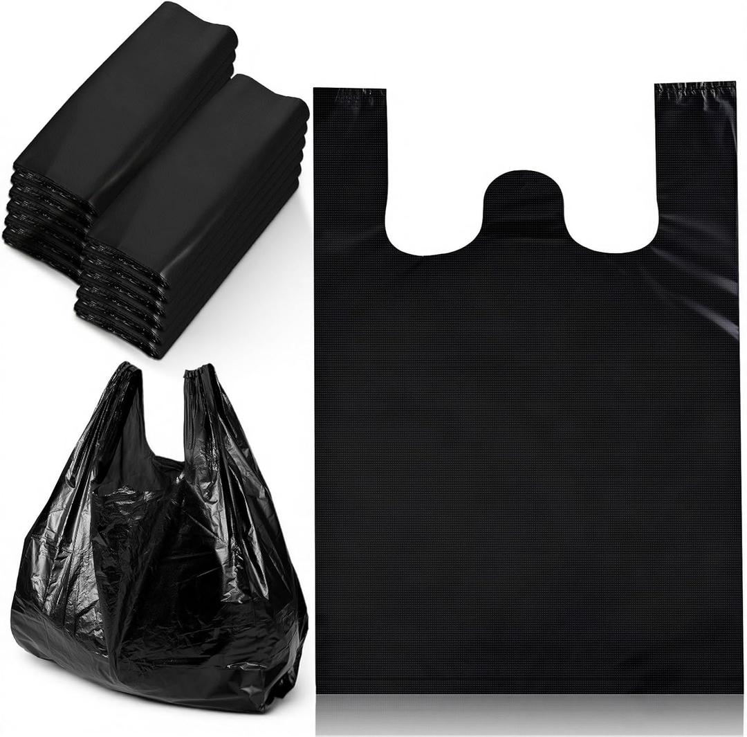 SHENLIU 400 Count Black Plastic Bags with Handles, 24" X 15.7" Large T Shirts Grocery Shopping Bags 35 Mic Thick and Heavy Duty for Home Stores Supermarkets Grocery Stores And Other Small Businesses