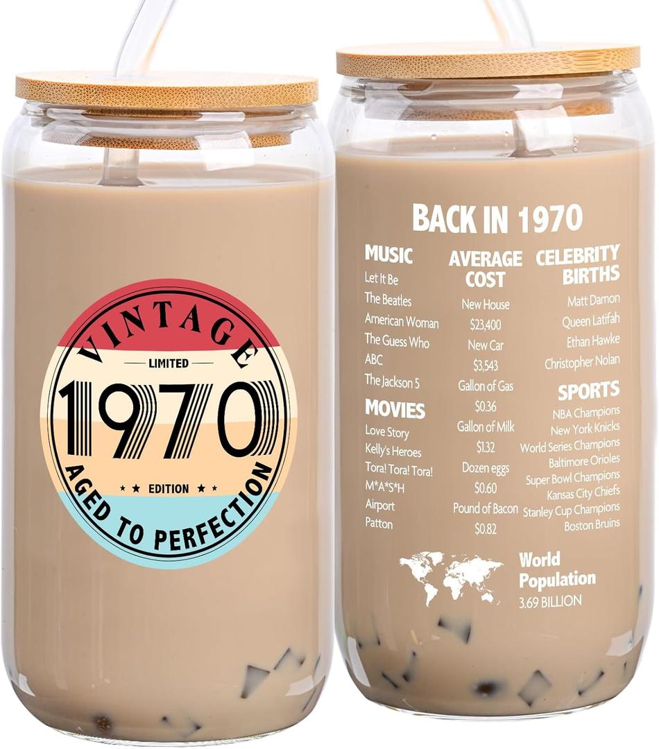 55th Birthday Gifts for Women - 1970 55th Birthday Decorations Gifts for Her Him Men 55 Year Old Bday Gift for Women Mom Wife Turning 55 Gift Glass Cup with Straw