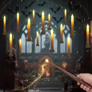 Homemory 12 Pcs Hanging Floating Candles with Wand Remote (Battery Include), Magic Deco Candles, Flameless Taper Candles Can be Used as Window Candles for Halloween Party Decor, Warm White