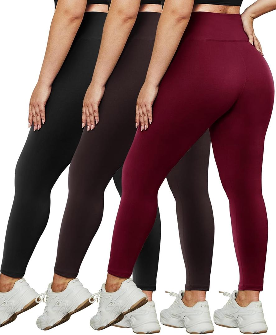 HLTPRO 3 Pack Plus Size Leggings for Women(X-Large - 4X)- High Waist Stretchy Soft Pants for Workout Running Yoga (Black/ Wine Red/ Brown)
