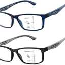 CARA Progressive Reading Glasses for Men Multifocus TR90 Readers, Superior Lightweight Blue Light Blocking Eyeglasses 2 Pack(Black+Blue, +2.00) (Progressive&top is Not 0 (3 Ft Range)-1 Black + 1 Blue)