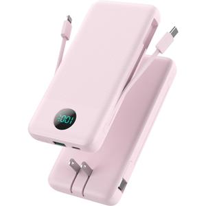 GKUTW Portable Charger 13800mAh Slim USB C Power Bank with Built in Cables and Wall Plug, LCD Display Lightweight Travel Battery Pack, PD Fast Charging Compatible with iPhone 15, 14, Samsung Android-Pink