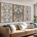 Large Retro Framed Wall Art - Natural Float Framed Vintage Flowers Canvas William Morris Painting Pictures Rustic Floral Pattern Prints Artwork for Living Room Bedroom Office Decor 96" X 48" Set of 3 (Brown)