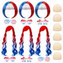 18 Pcs American Flag Wigs Set for Women Red White Blue Wig 4th of July Wigs Short Curly Wavy Wigs Retro 80's USA Glasses for Independence Day Christmas Cosplay Party