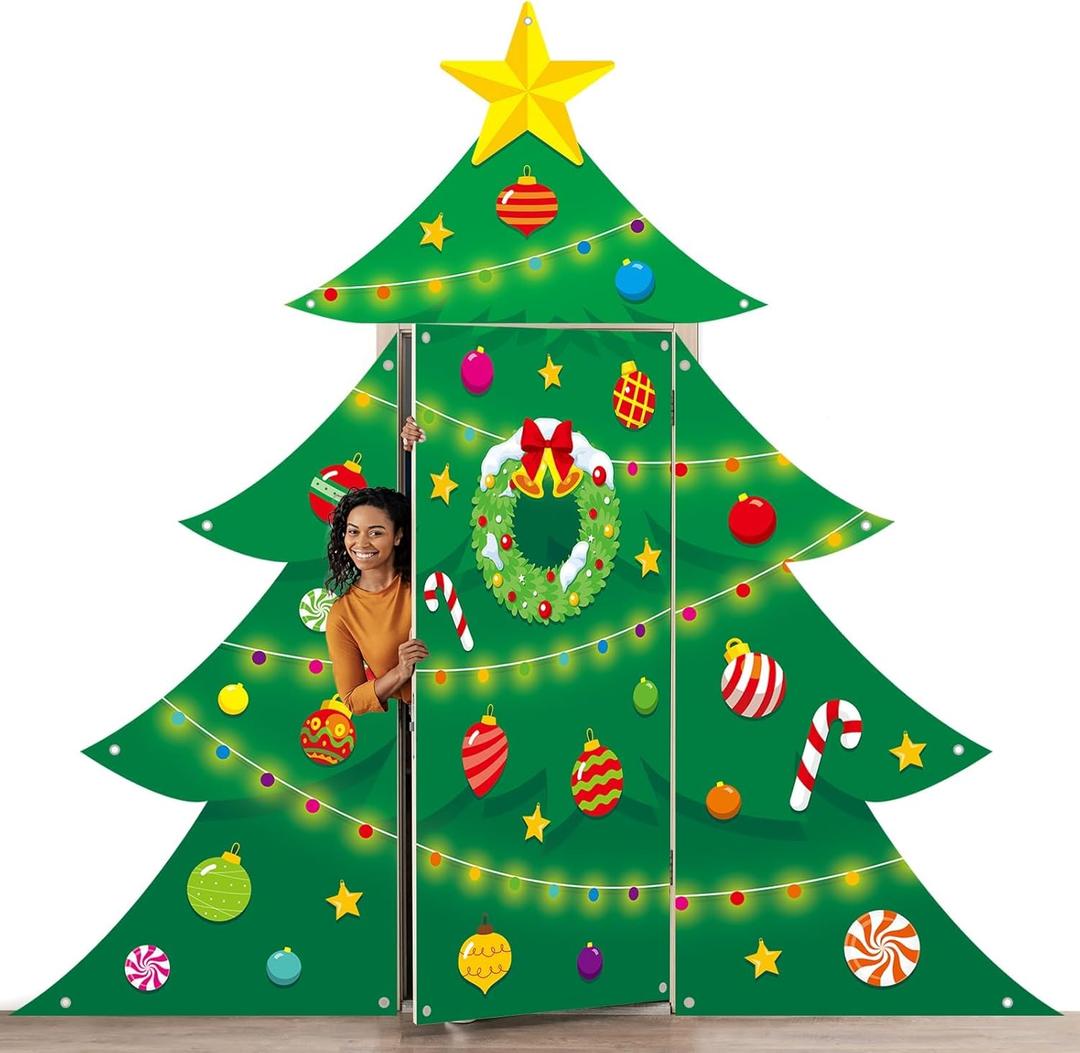 4PCS Christmas Tree Door Cover Decorations Merry Christmas Porch Banner Xmas Tree Large Door Backdrop Xmas Ball Hanging Banner for Front Door Winter Party Photo Booth Props Indoor Outdoor Supplies