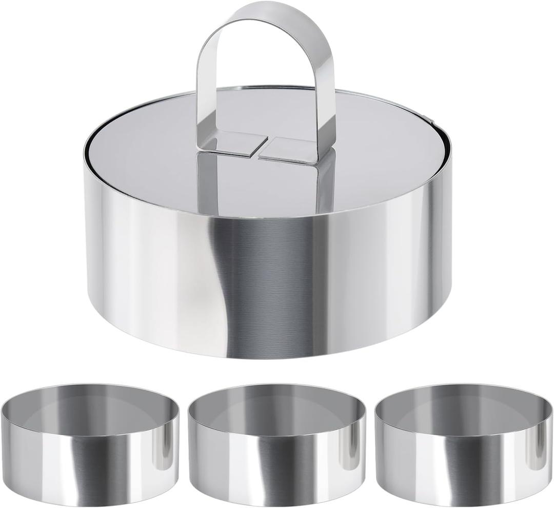 HULISEN Round Cake Ring Mold, Stainless Steel 4" Cooking Crumpet Rings with 1 Pusher & 4 Food Form, Tuna Tartare Mold for Pancake, Salad, Mousse