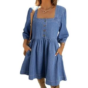 Sidefeel Women's Spring Outfit Denim Dress 3/4 Sleeve Loose Fit Square Neck Summer Jean Dresses with Pockets Blue M
