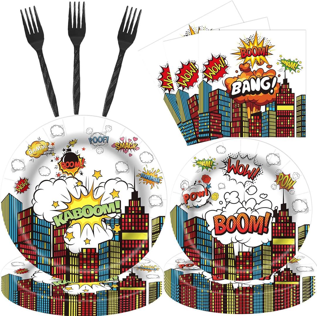 96 Pcs Super Theme Hero Plates For White Hero Party Supplies Plates Napkins Forks Hero Theme Birthday Party Decorations Birthday Disposable Dinnerware Tableware for Boys Girls Serves 24