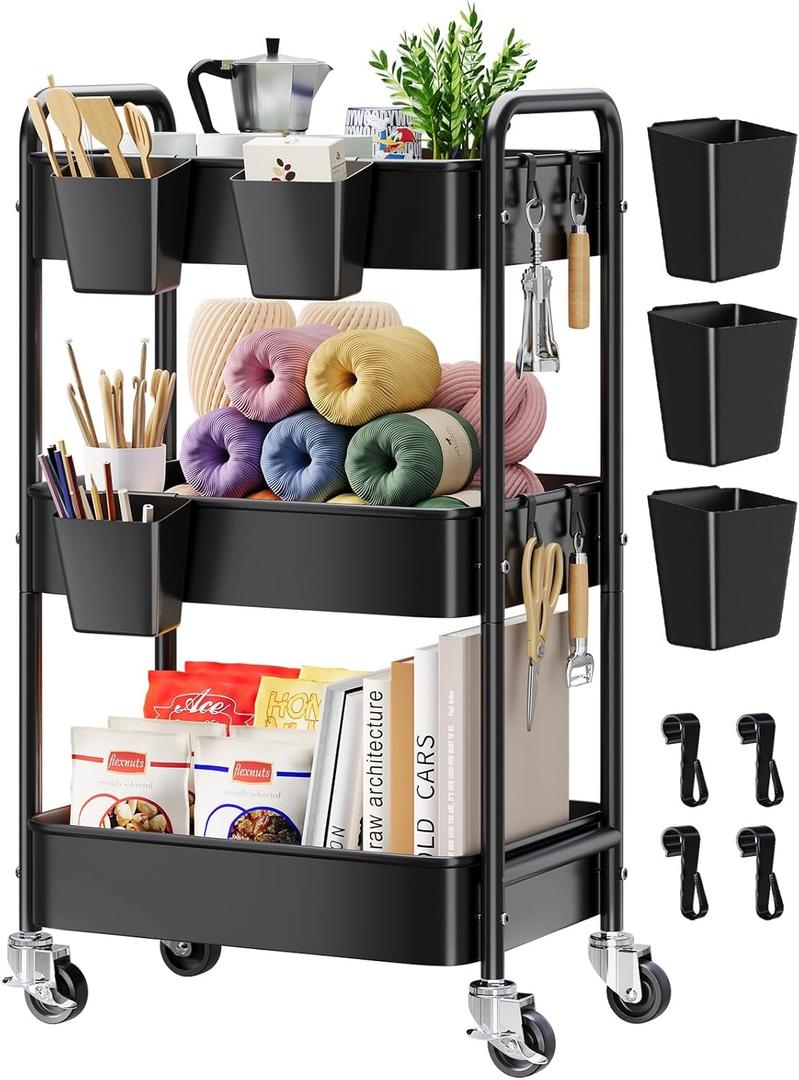 3 Tier Rolling Cart Metal with Wheels, Black Three Tiered Art Cart Organizer on Wheels, Storage Utility Trolley Carts for Kitchen, Craft, Nail, Lash, Makeup, Salon,Bedside, Bathroom, Office, Snack