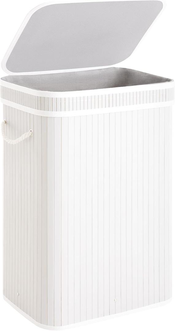StorageWorks Laundry Hamper with Lid, Foldable Bamboo Laundry Basket, Clothes Hamper with Handles, Organizer and Storage for Laundry Room, Bedroom, Dorm, White