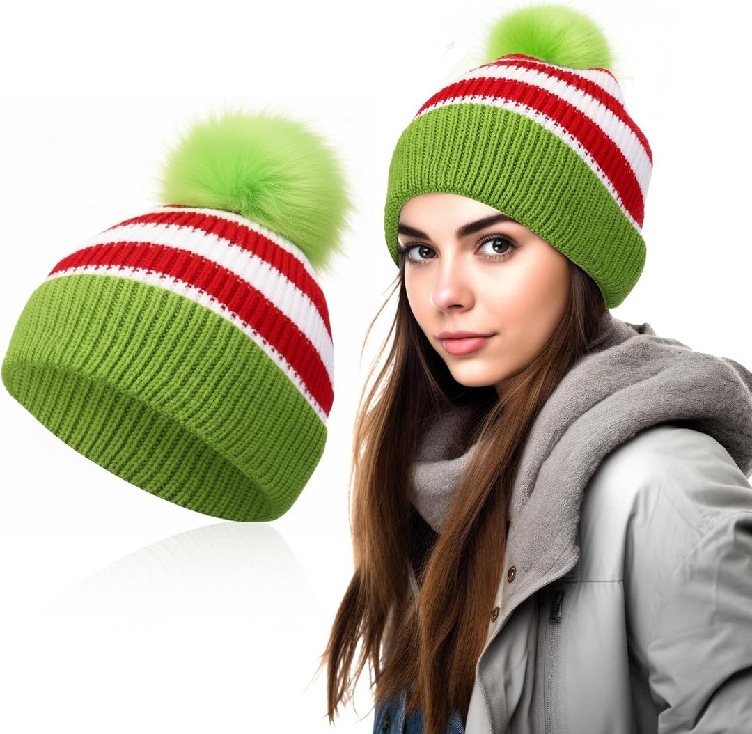 Shihanee Christmas Elf Beanie Hat with Green Furry Pompom White Red Green Striped Knitted Hats for Women Men Santa Costume Winter Accessories Party Supplies (Green)