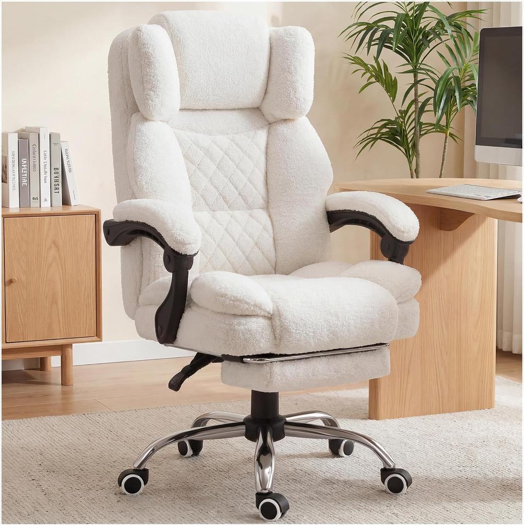 GTPLAYER Big and Tall Office Chair with Pocket Spring Cushion & Ergonomic Lumbar Support for Lower Back Pain Relief, High Back Computer Gaming Chair with Foot Rest, Comfy Teddy Fleece, White, Large