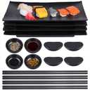 16pcs Sushi Plates Set,Melamine Sushi Serving Set,Japanese Dinnerware Sets - Includes 4 Sushi Trays, 4 Soy Sauce Bowls 4 Pairs of Chopsticks and Holders,Wedding Housewarming Gift, Black