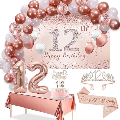 Trgowaul 12th Birthday Decorations Balloon Set Women's Arch, Rose Gold 12th Birthday Banner and Party Tablecloth, Belt and Tiara, Pink Gold 12th Balloon, Pink Birthday Cake Top, Latex Balloon * 60