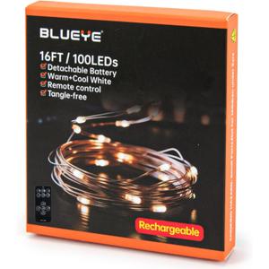 3 x BLUEYE 16FT 100LEDs Rechargeable Fairy Lights,Remote Control,3 Off Timers,Detachable Battery Operated,Tangle-Free Camping String Light,Twinkle for Christmas,Party,Wedding(Cool+Warm White,1Pack)