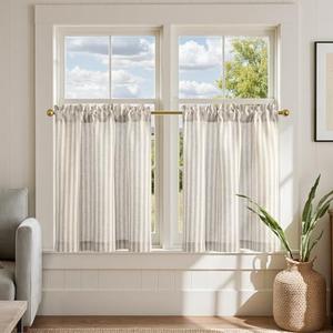 jinchan Linen Kitchen Curtains 24 Inch Length Striped Tier Curtains Ticking Stripe Small Drapes for Living Room Bathroom Cafe Small Window Farmhouse Rustic Pinstripe Rod Pocket 2 Panels Taupe