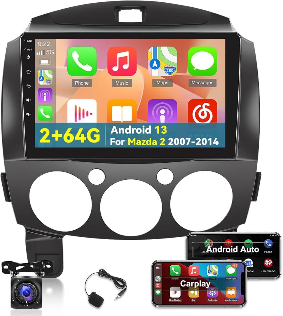 [2+64G] Android 13 Car Radio for Mazda 2 2007-2014 - Wireless Carplay and Android Auto - 9 Inch Touchscreen Car Stereo with DSP/Multiple UI/WiFi/GPS Navi/SWC/Bluetooth + AHD Backup Camera