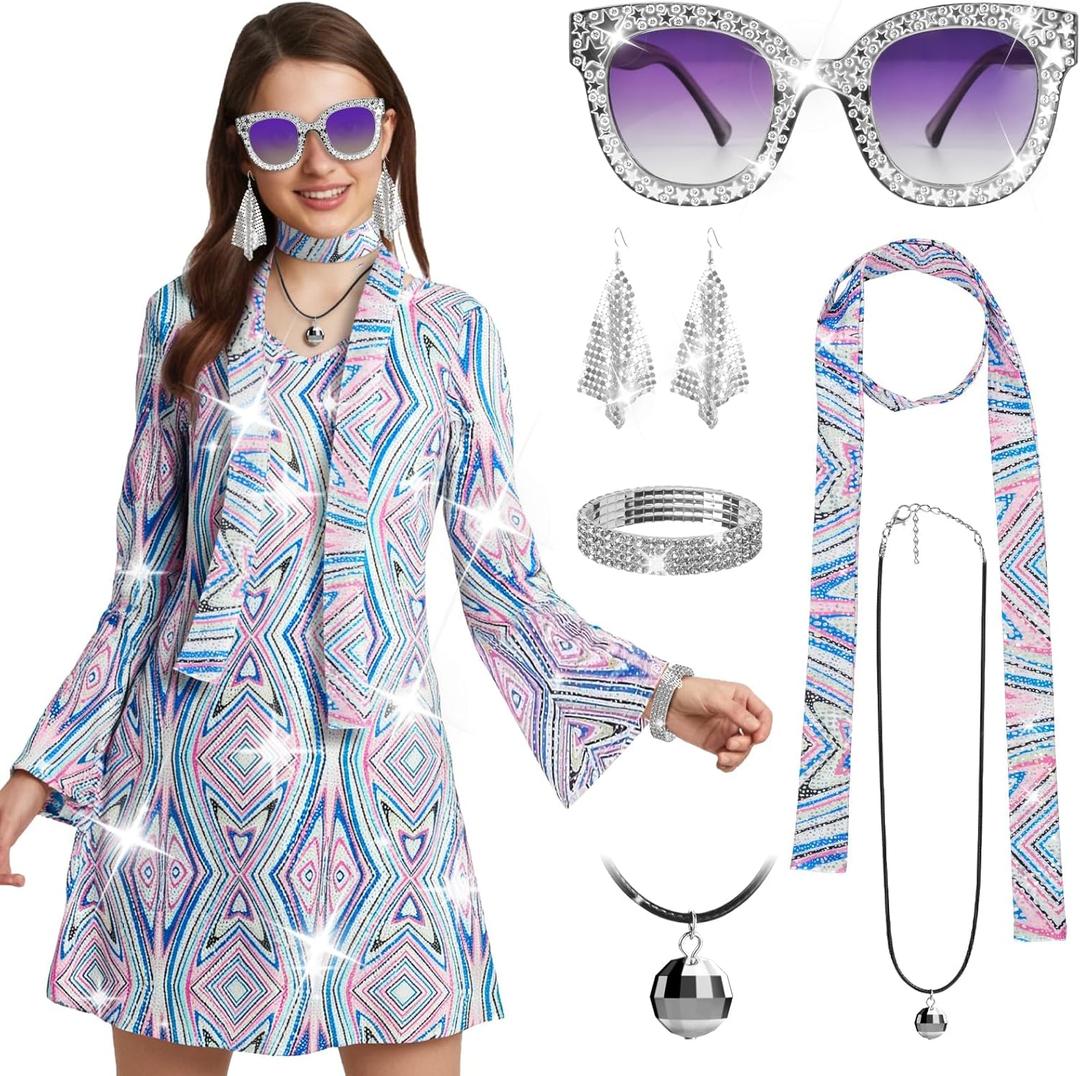 Women's 70s Disco Dress Costume, Hippie Outfit 6 Pcs, Retro Disco Dress-PLEASE ORDER ONE SIZE UP for Party Cosplay (M)