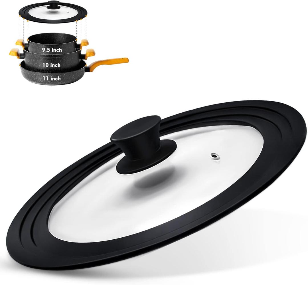 Ydeapi Universal Lid for Pots, Pans and Skillets, Pot Lid With Heat Resistant Silicone Rim and Tempered Glass, Fits 9.5", 10", 11" Diameter Pots and Pans