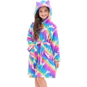 Doctor Unicorn Girls Leopard Cat Robe Kids Fleece Warm Hooded Bathrobe (10-11 Years)