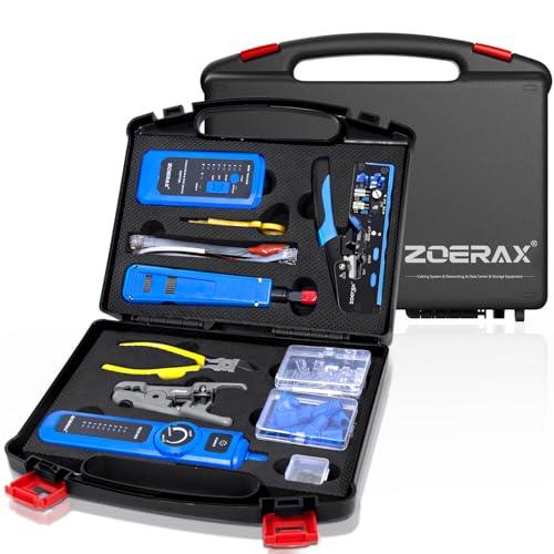Professional Network Tool Kit, ZOERAX 14 in 1 - RJ45 Crimp Tool, Cat6 Pass Through Connectors and Boots, Cable Tester, Wire Stripper, Ethernet Punch Down Tool