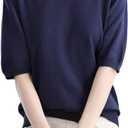 keusyoi Summer O-Neck Cotton T-Shirt Short Sleeve Knitted Pullover Women's Loose Casual Sweater Fashion Solid Tops (Navy Blue) XXL