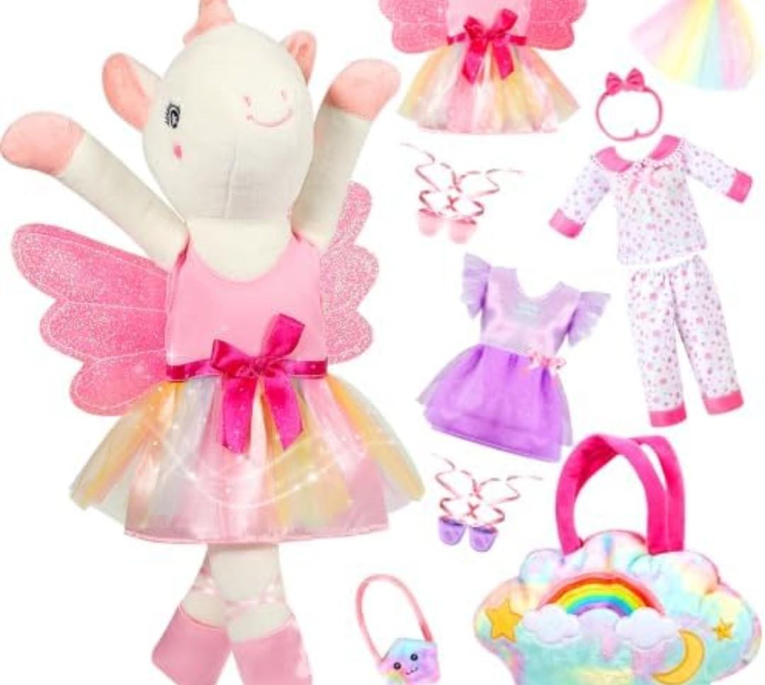 HUITEM Unicorn Toys for Girls Age 4-6, Ballerina Doll Stuffed Animal with 3 Set Clothes, Plush Bag, Accessories, 16 inch Unicorn Doll Toys Birthday Gift for 3 4 5 6 Year Old Little Girls