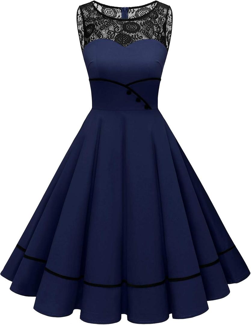 Bbonlinedress Women's 50s Vintage Floral Lace Retro Rockabilly Sleeveless Round Neck Cocktail Party Swing Dress (Large, Navy)