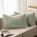 DWCN Boho Throw Pillow Covers with Tassels 12x20 Inch Set of 2, Soft Velvet Decorative Cushion Case with Invisible Zipper, Home Decor for Couch Bed Living Room, Sage Green (12" x 20" (Pack of 2))