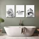 3pcs Black And White Shark Bathroom Canvas wall art Funny ocean Animal bathtub Paintings Pictures Wall Decor Modern Poster Printing Artwork for Restroom Toilet Home Decoration, Canvas, 16x24in 