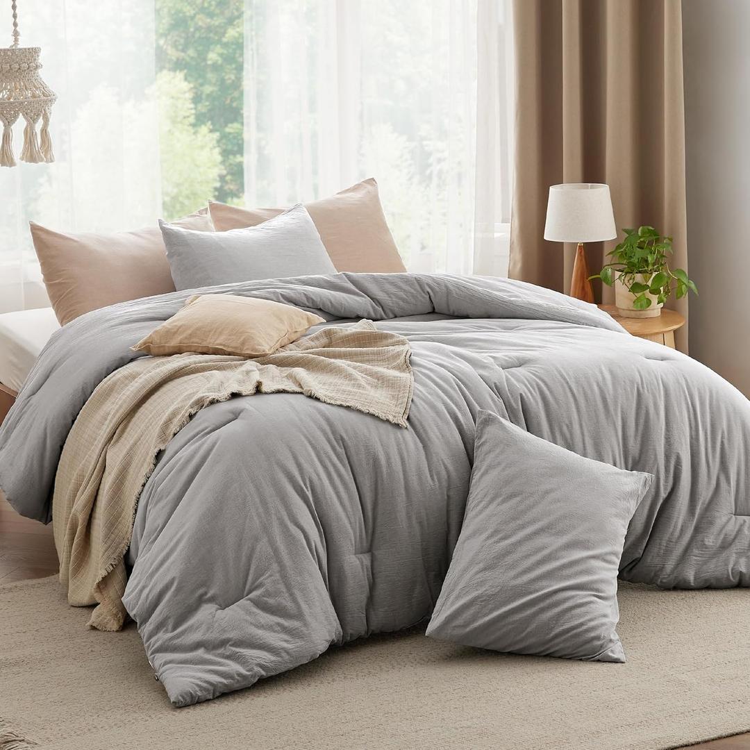 Bedsure Comforter Set Queen Size - Cotton Fabric with Microfiber Inner Fill, Grey Stone Color Soft Bed Set for All Seasons, 3 Pieces, 1 Comforter (82" x 86") and 2 Pillow Cases