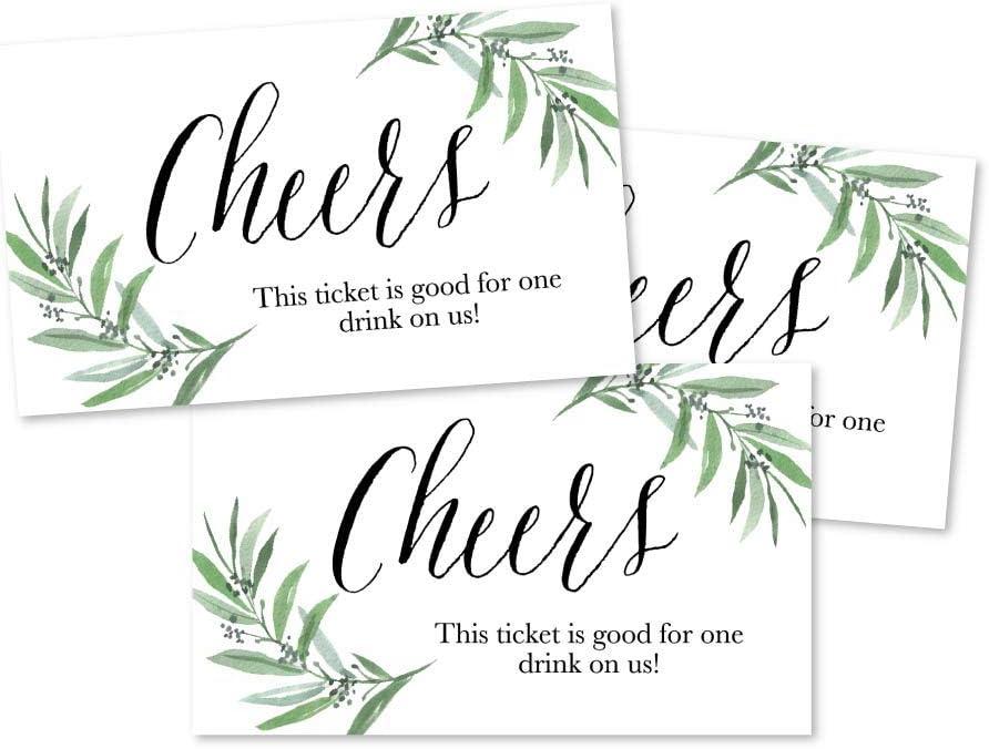 3 x Hadley Designs 50 Greenery Eucalyptus Drink Coupons for a Free at Weddings, Work Events or Party Bar, One Free Beer Wine Alcohol Soft Drink or Food Vouchers, Cheers Large Drinking Paper Raffle Cards