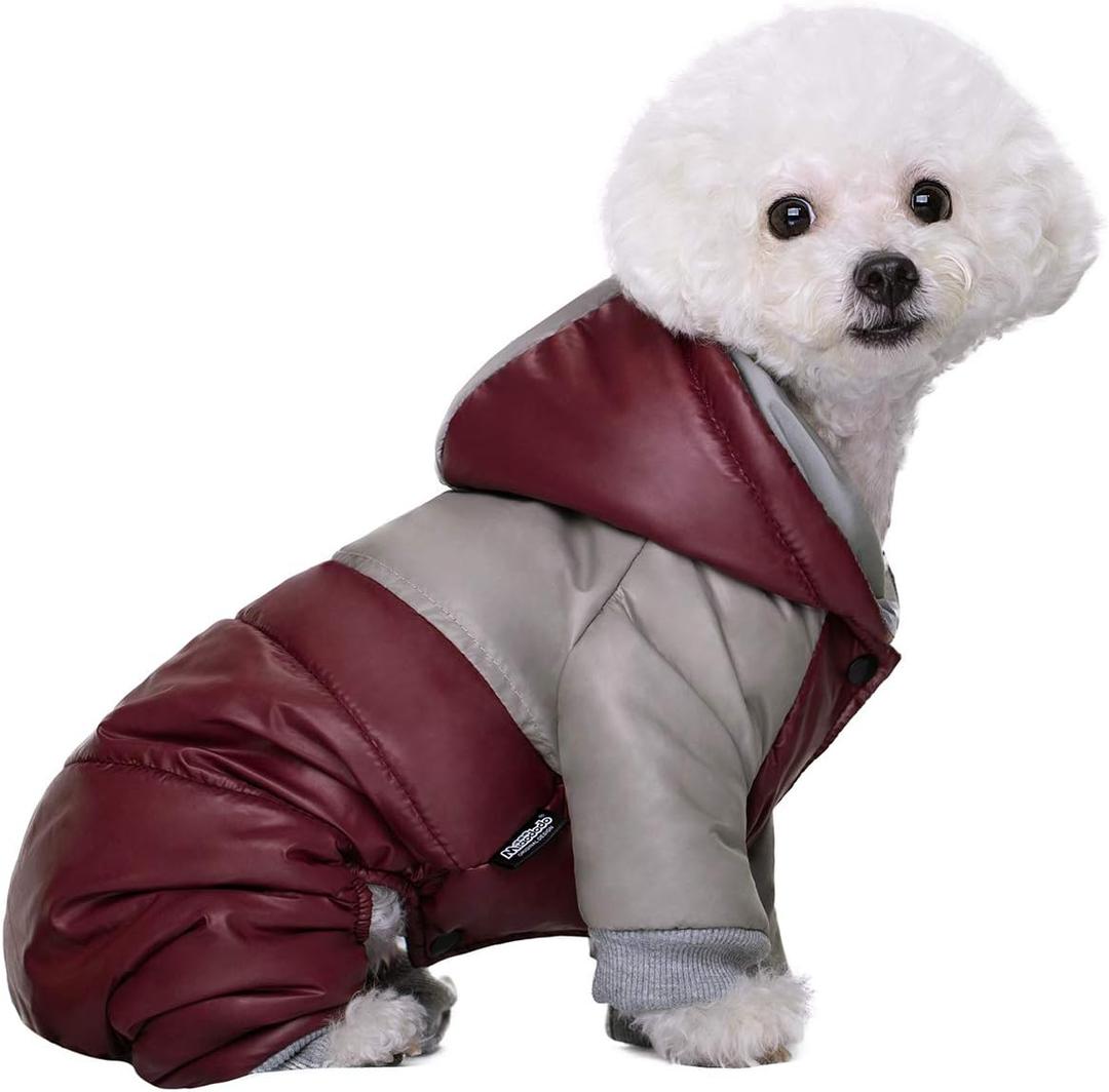 Miaododo Winter Small Medium Dog Coat,Hooded Four-Legged Dog Jacket Cotton-Padded for Puppy Cat Doggie Pets Dog Clothes Apparel Clothing (Red, Small)